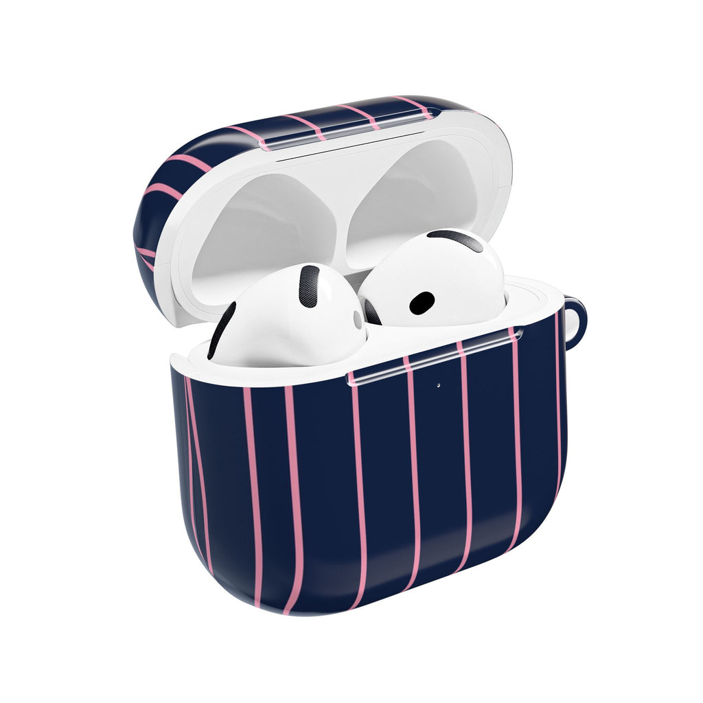 Striped Navy & Pink AirPod Case — Slim Protective Cover with Keyring Loop