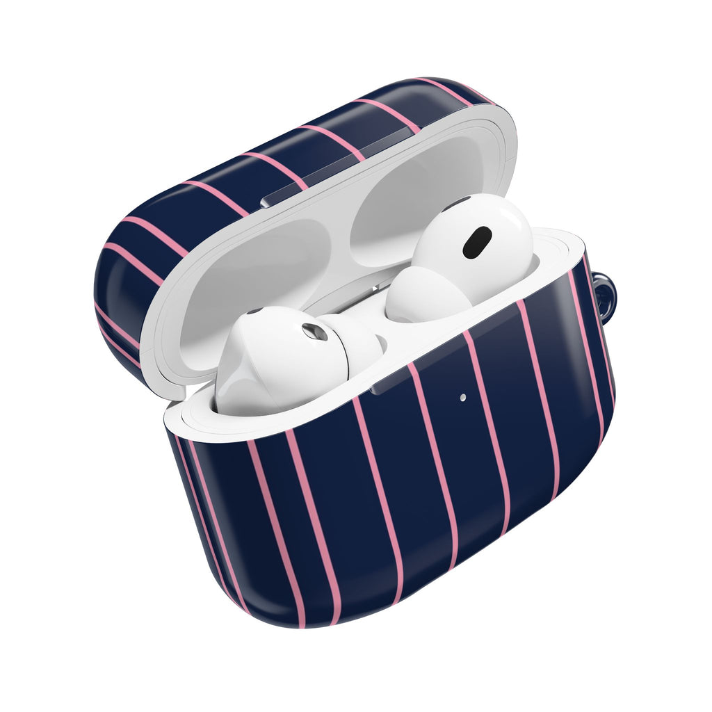 Striped Navy & Pink AirPod Case — Slim Protective Cover with Keyring Loop