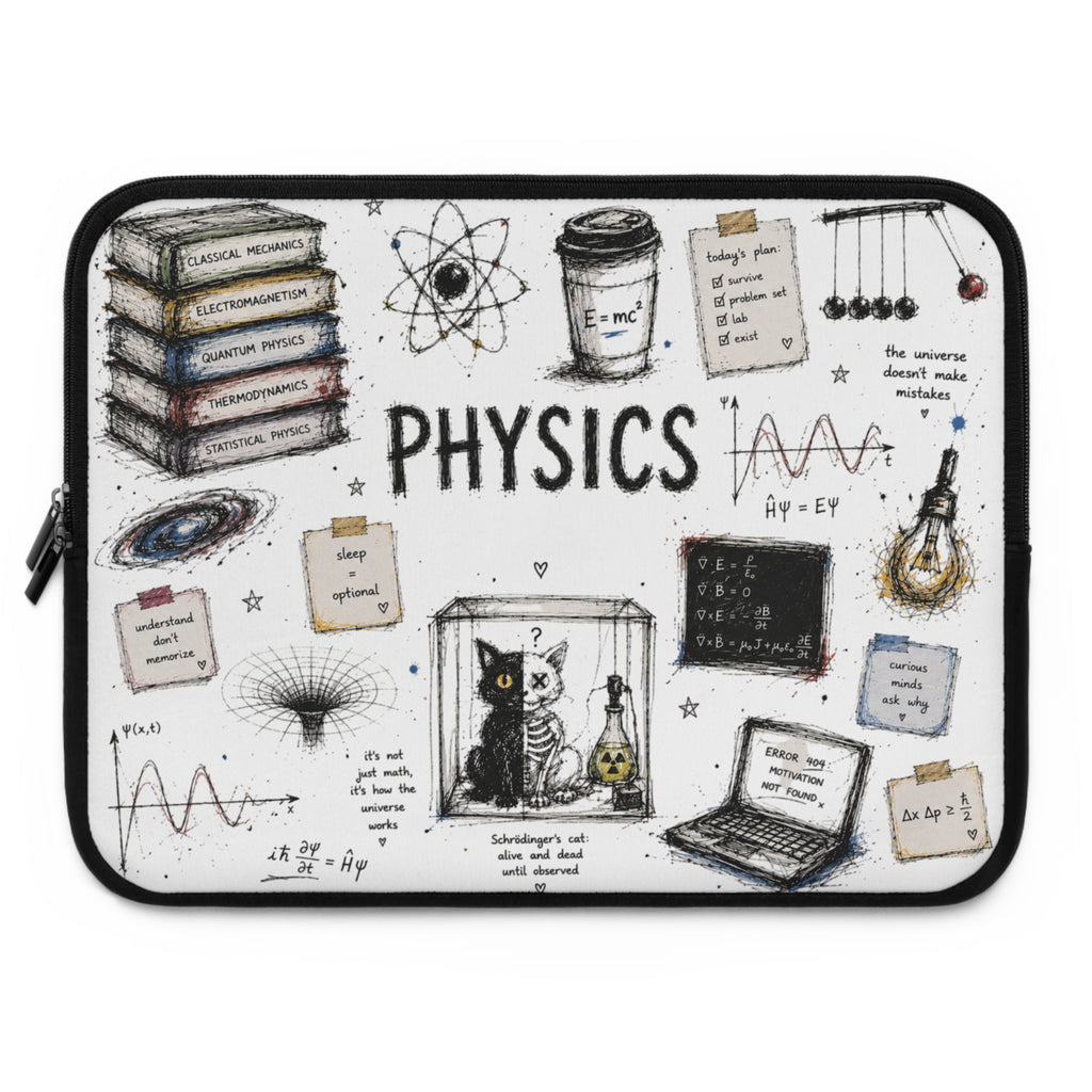Physics Doodle Laptop Sleeve — Cute Science Notes & Cat Illustration