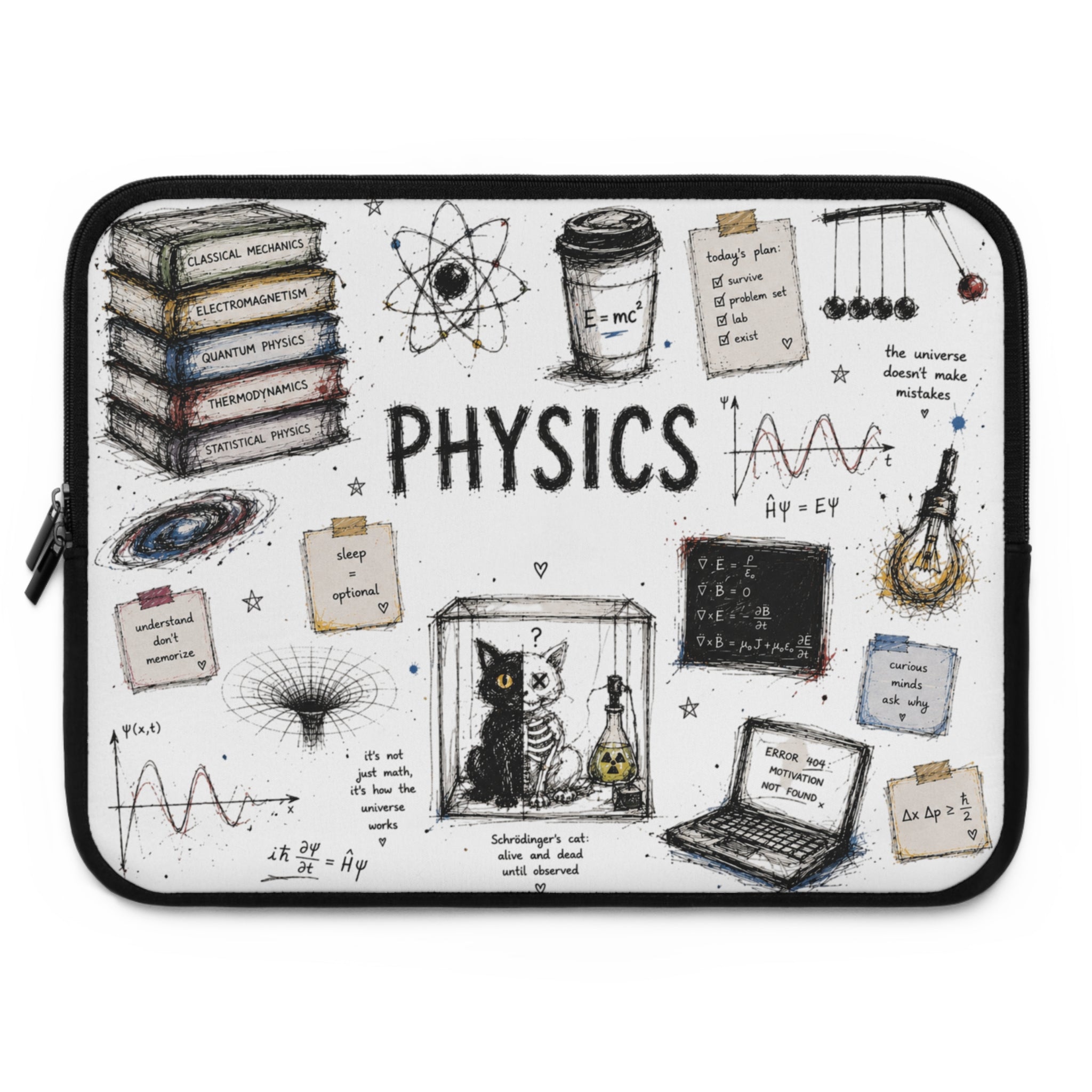 Physics Doodle Laptop Sleeve — Cute Science Notes & Cat Illustration