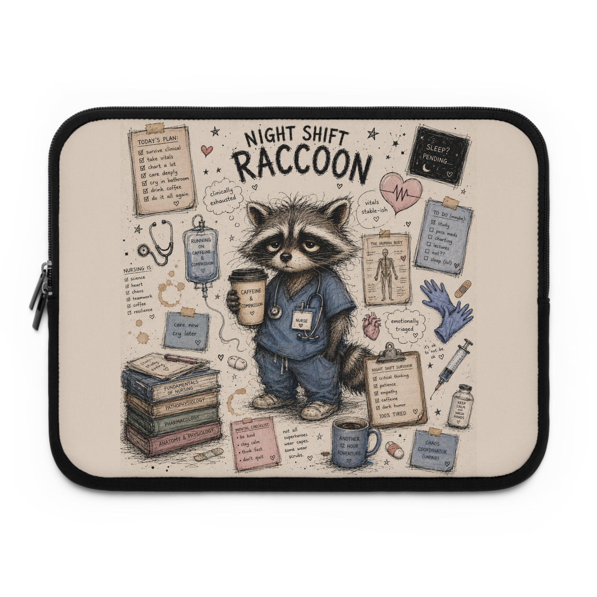 Night Shift Raccoon Nurse Laptop Sleeve — Cute Medical Team Gift