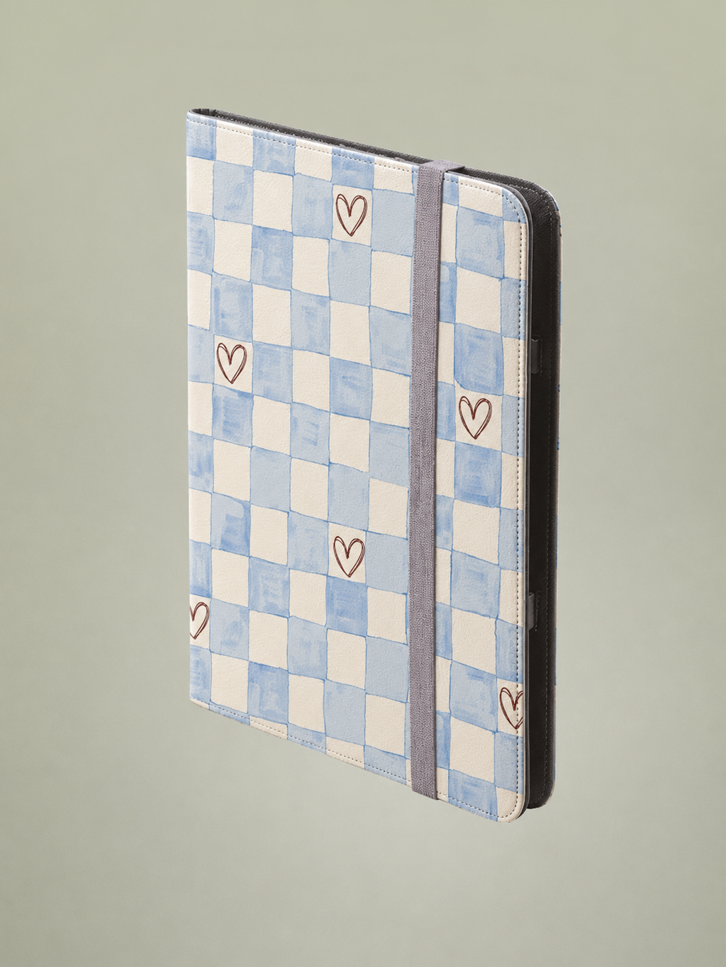 Blue Checkered Heart Tablet Folio Case — Cute Pastel Checkerboard iPad Cover
