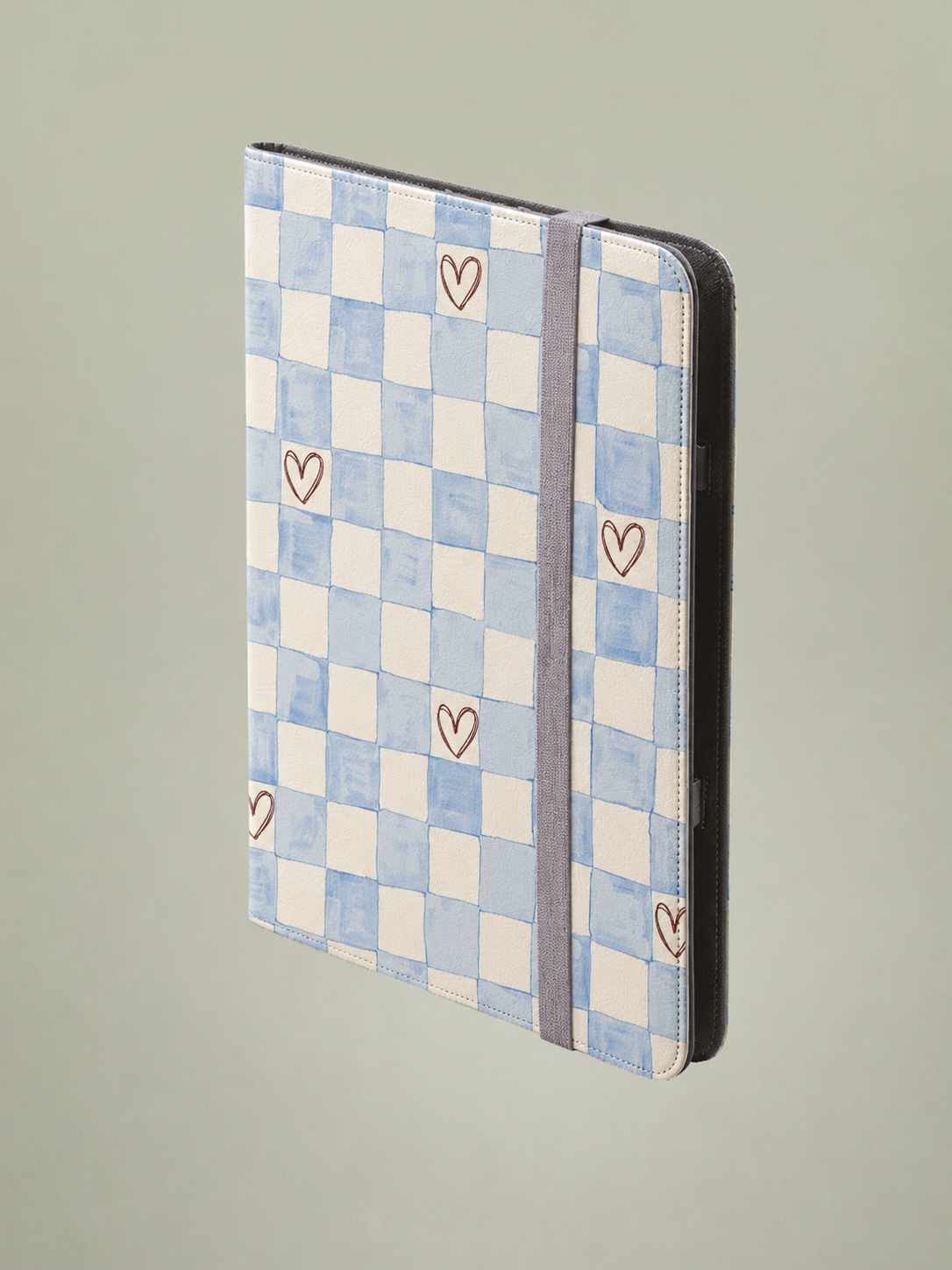 Blue Checkered Heart Tablet Folio Case — Cute Pastel Checkerboard iPad Cover