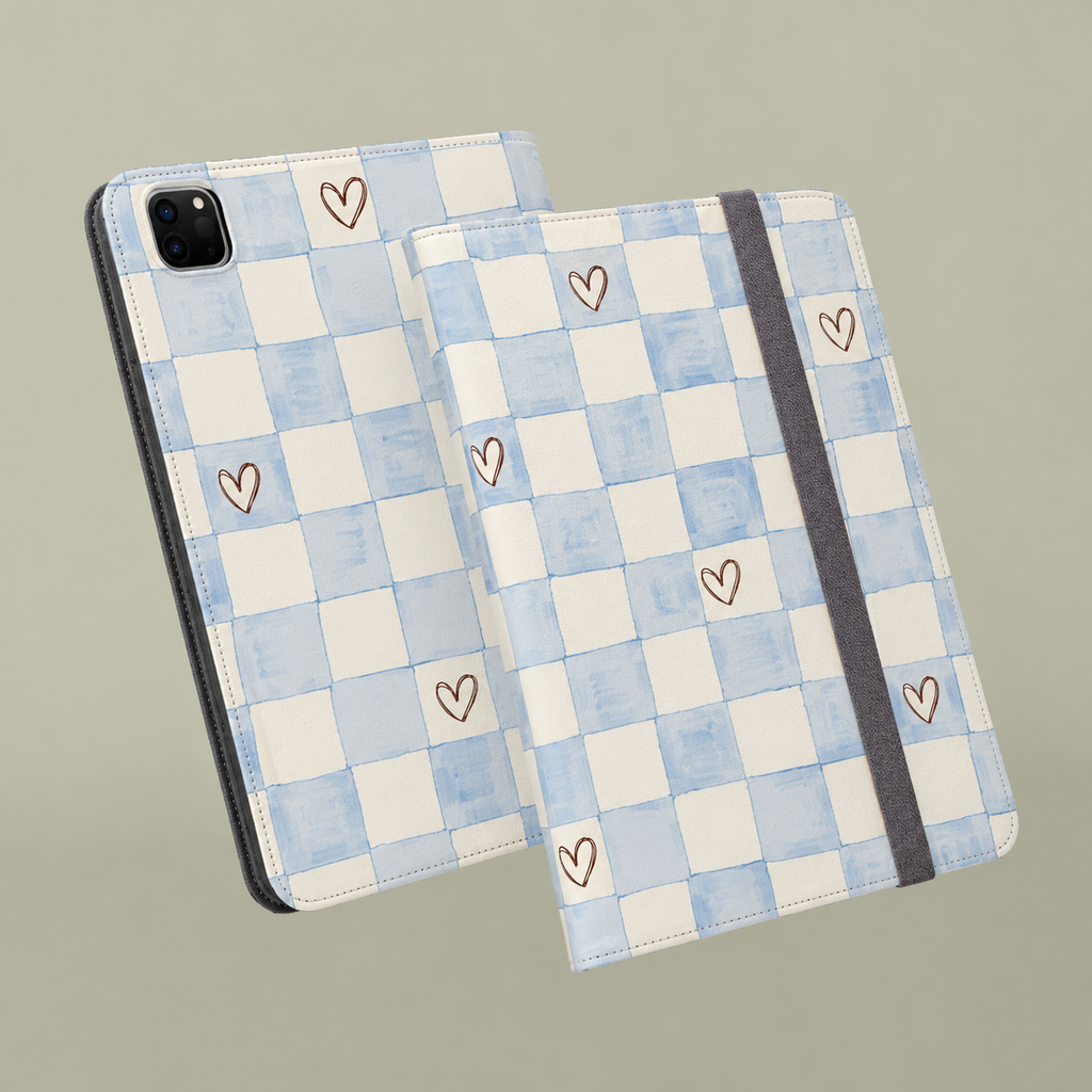 Blue Checkered Heart Tablet Folio Case — Cute Pastel Checkerboard iPad Cover