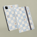 Blue Checkered Heart Tablet Folio Case — Cute Pastel Checkerboard iPad Cover