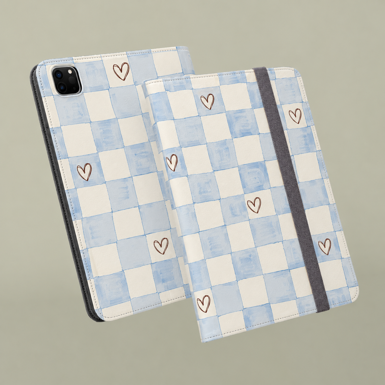 Blue Checkered Heart Tablet Folio Case — Cute Pastel Checkerboard iPad Cover
