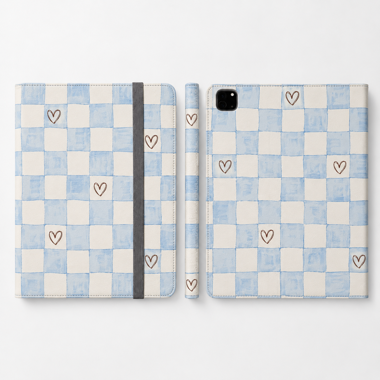 Blue Checkered Heart Tablet Folio Case — Cute Pastel Checkerboard iPad Cover