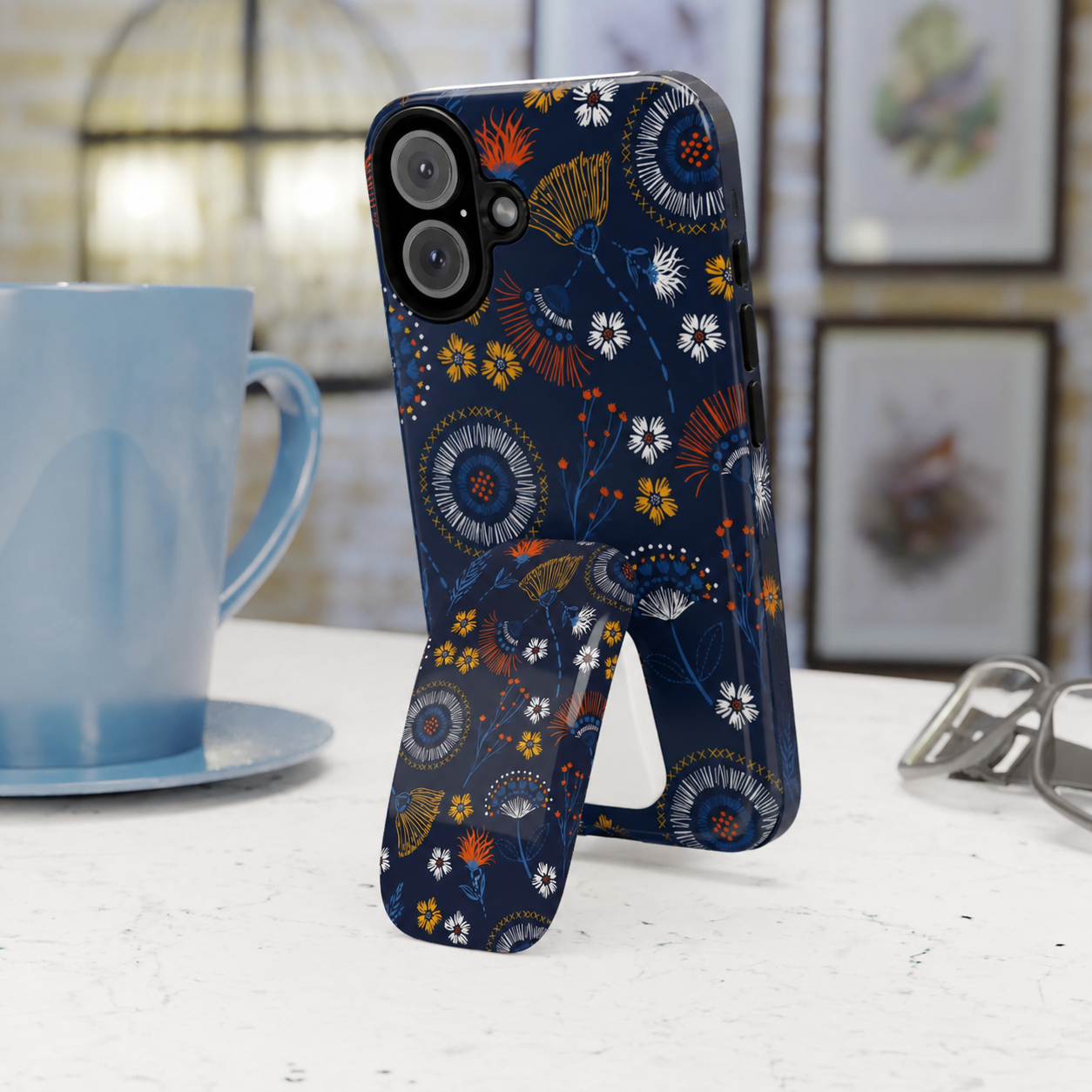 Floral Navy Phone Grip & Stand – Compact Click-On Phone Grip with Blue Orange Wildflower Pattern