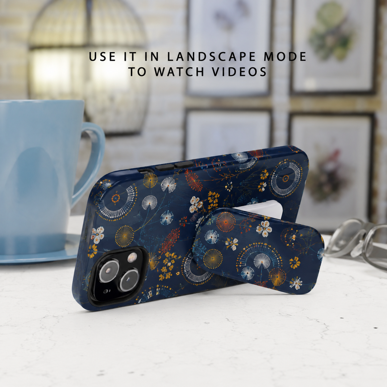 Floral Navy Phone Grip & Stand – Compact Click-On Phone Grip with Blue Orange Wildflower Pattern