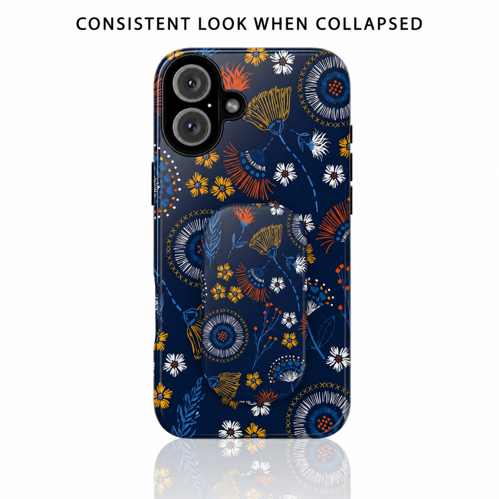 Floral Navy Phone Grip & Stand – Compact Click-On Phone Grip with Blue Orange Wildflower Pattern