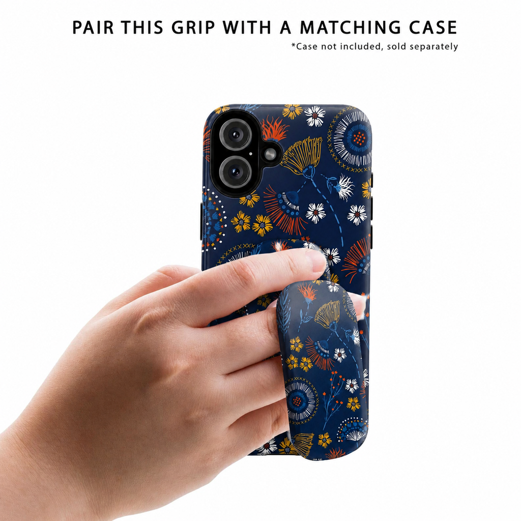 Floral Navy Phone Grip & Stand – Compact Click-On Phone Grip with Blue Orange Wildflower Pattern