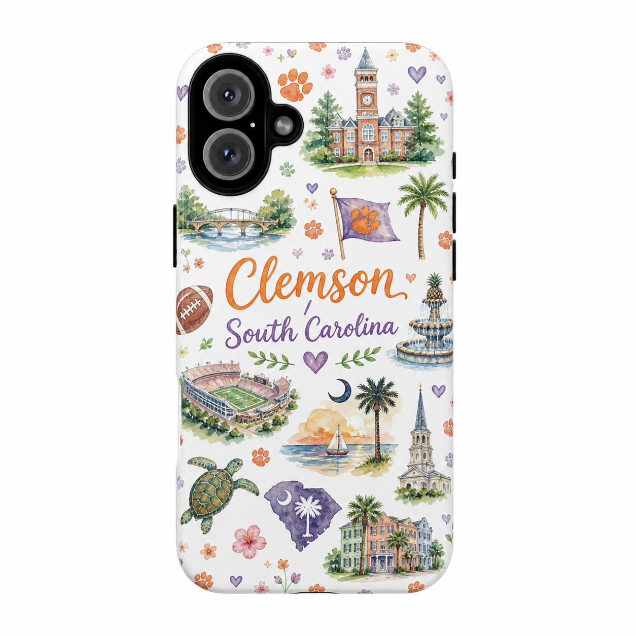 Clemson South Carolina Illustrated Phone Case — Landmarks & Tigers Pattern Tough Case