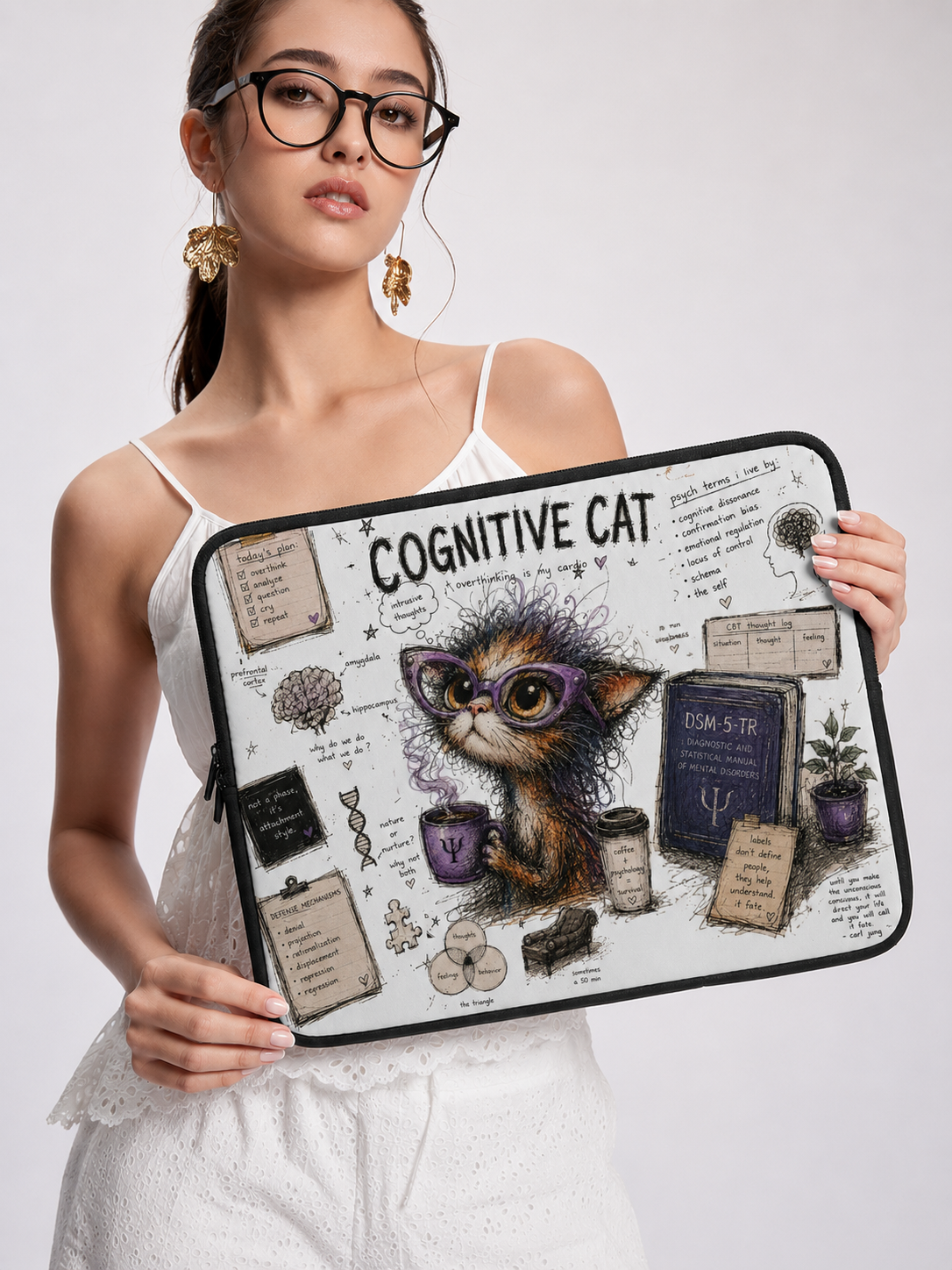 Cognitive Cat Laptop Sleeve — Cute Psychology-Themed Water-Resistant Case