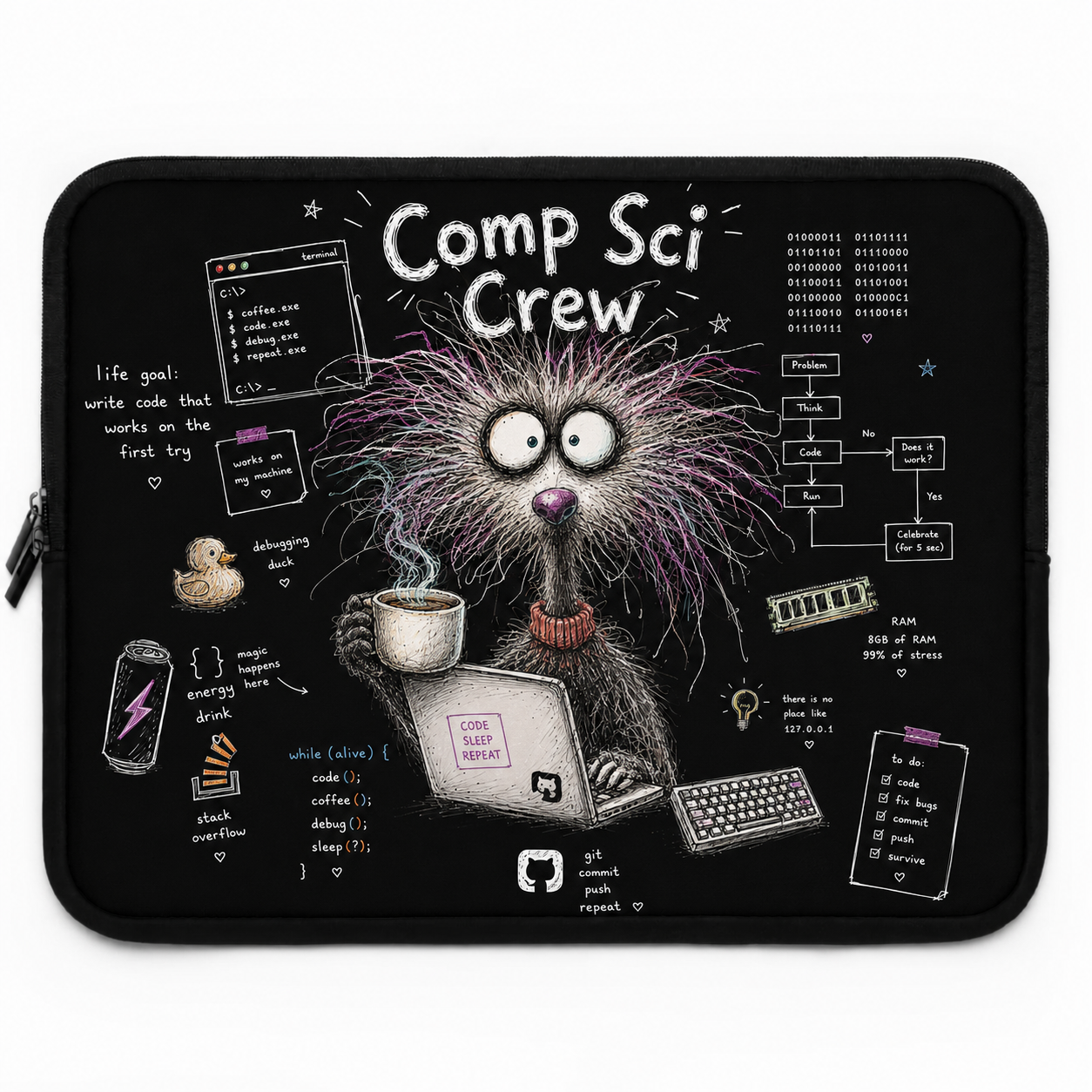 Water-resistant Laptop Sleeve | Cute Programmer Illustration — Comp Sci Crew