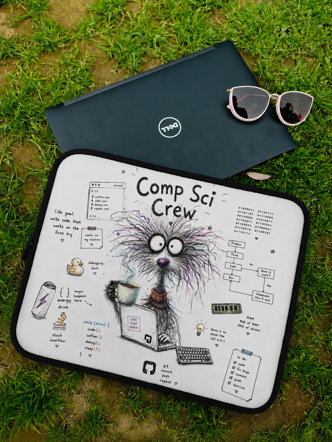 Water-resistant Laptop Sleeve | Cute Programmer Illustration — Comp Sci Crew