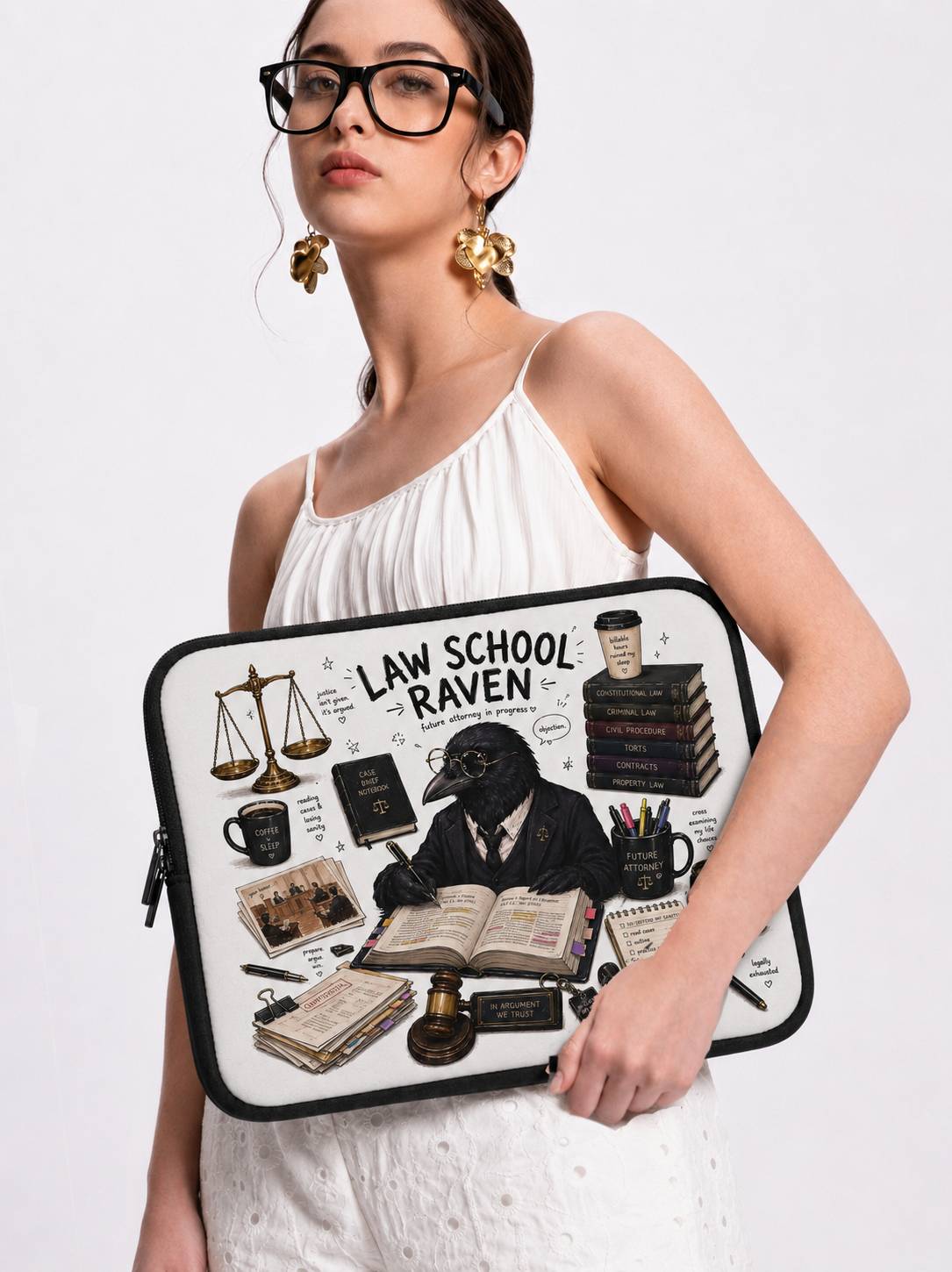 Law School Raven Laptop Sleeve — Cute Scholarly Crow Design for Law Students & Graduates