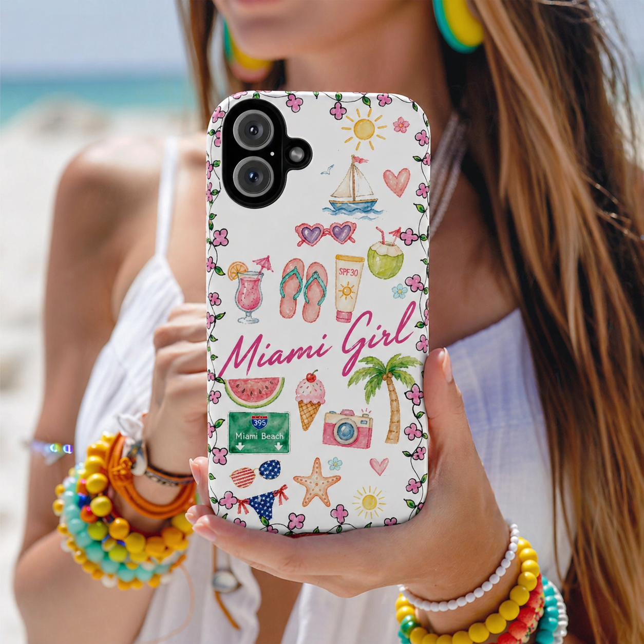 Miami Girl Phone Case — Cute Tropical Summer Collage with Flip Flops, Palm Trees & Ice Cream