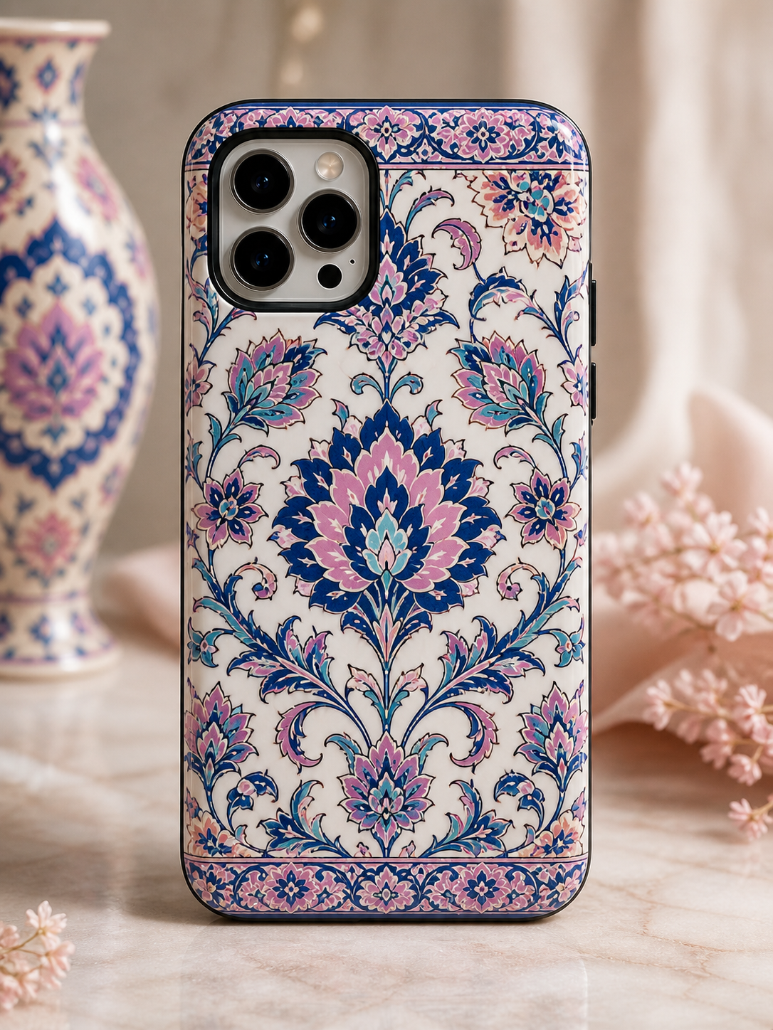 Floral Damask Tough Phone Case — Pink & Navy Vintage Pattern