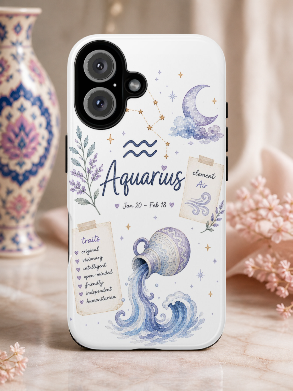 Aquarius Zodiac Tough Phone Case — Watercolor Constellation & Traits Design