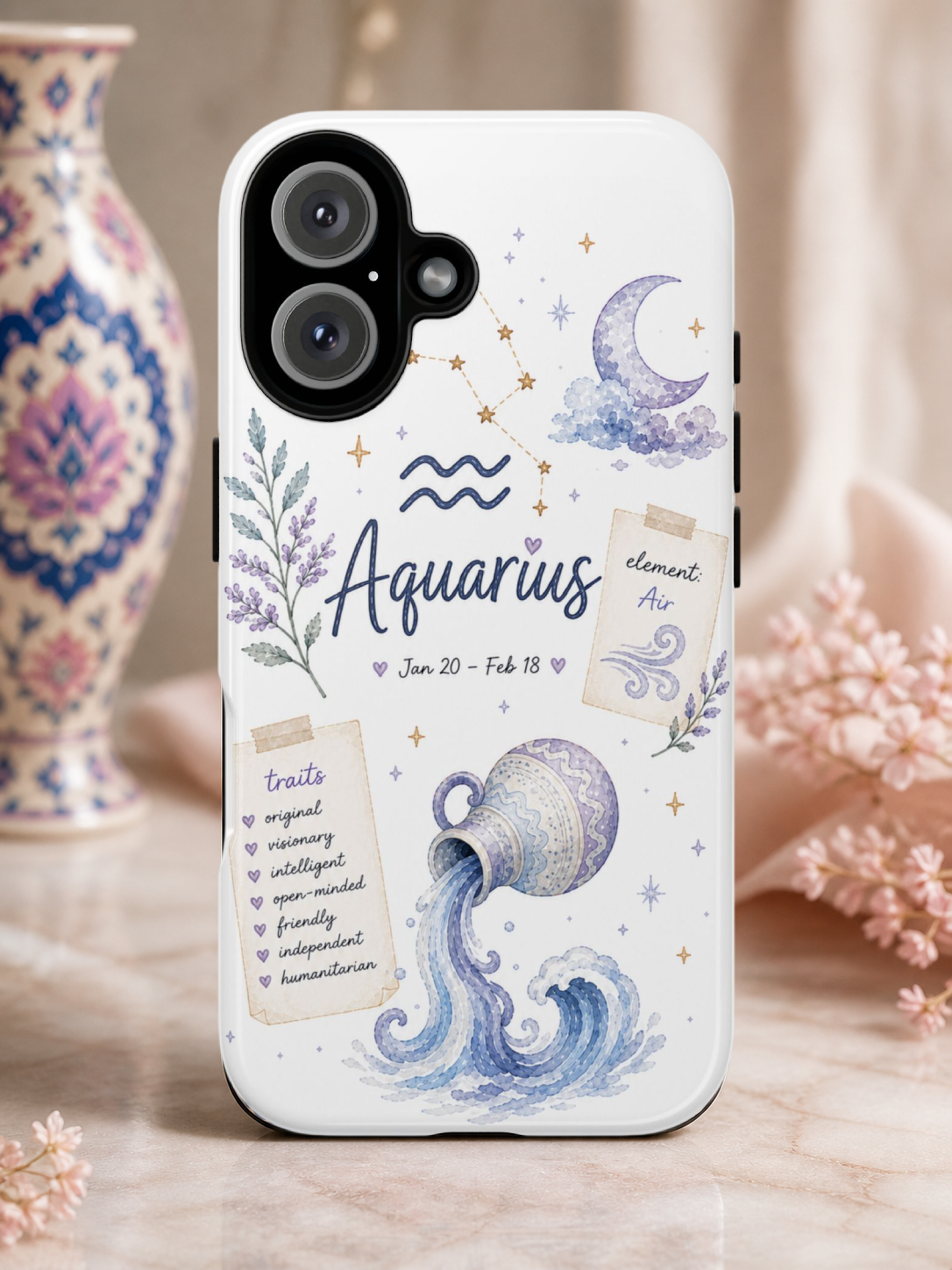 Aquarius Zodiac Tough Phone Case — Watercolor Constellation & Traits Design