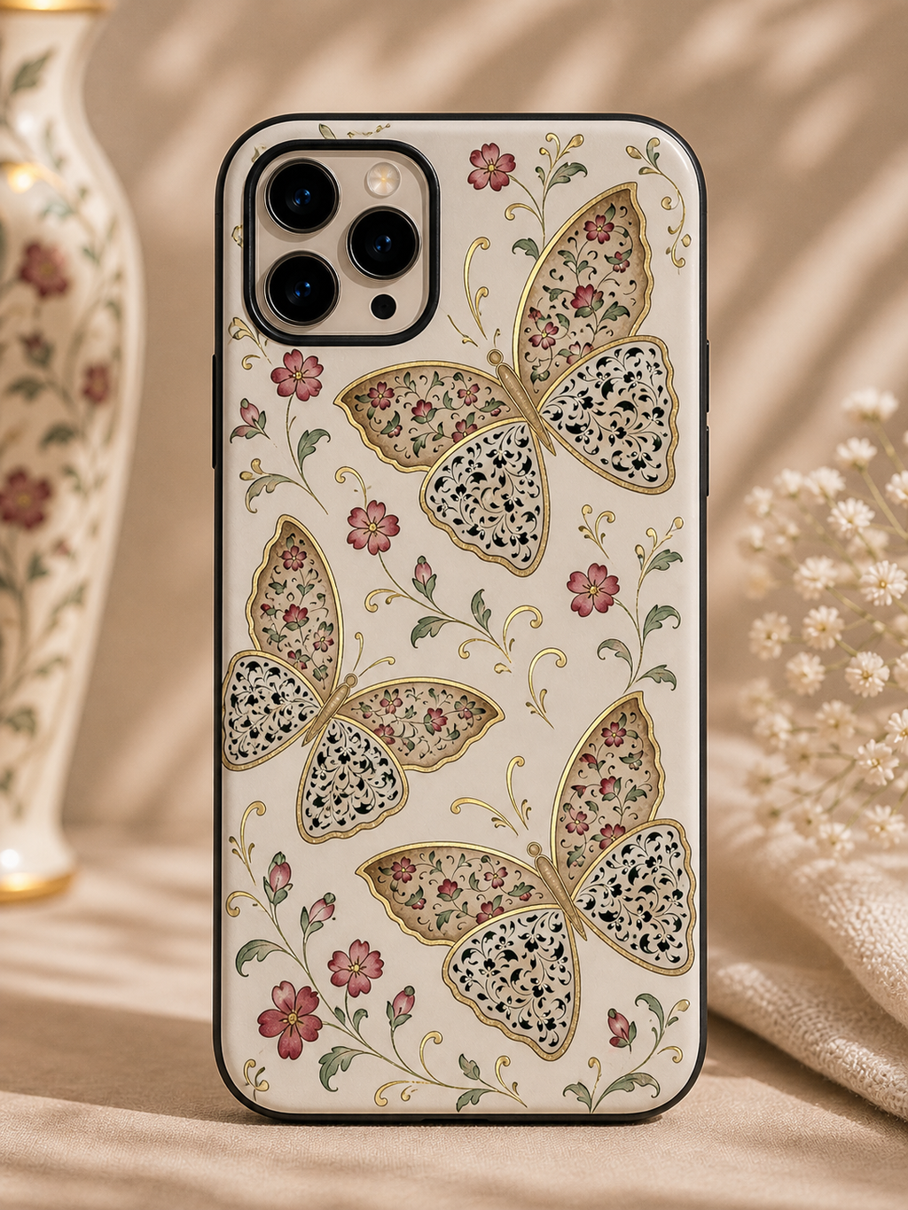 Butterfly Floral Tough Phone Case — Vintage Beige Protective Cover