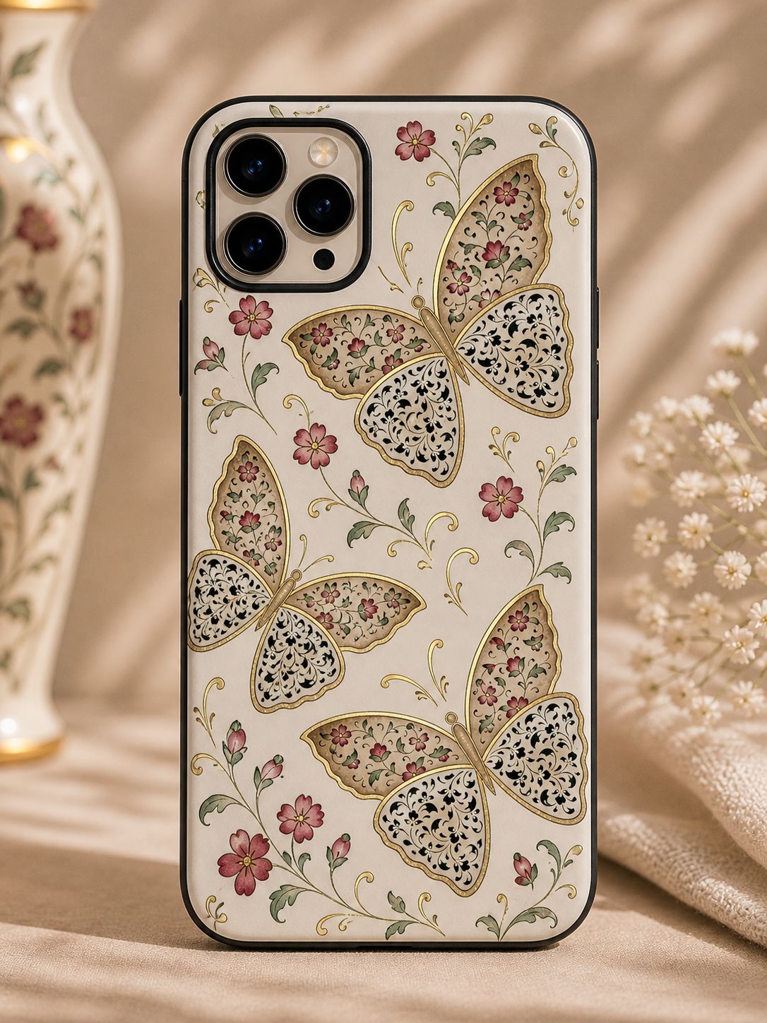 Butterfly Floral Tough Phone Case — Vintage Beige Protective Cover