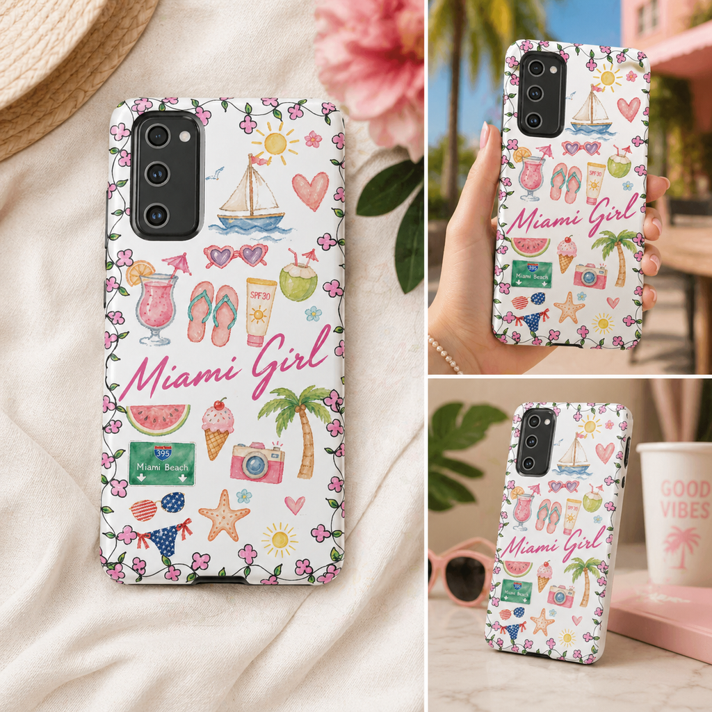 Miami Girl Phone Case — Cute Tropical Summer Collage with Flip Flops, Palm Trees & Ice Cream
