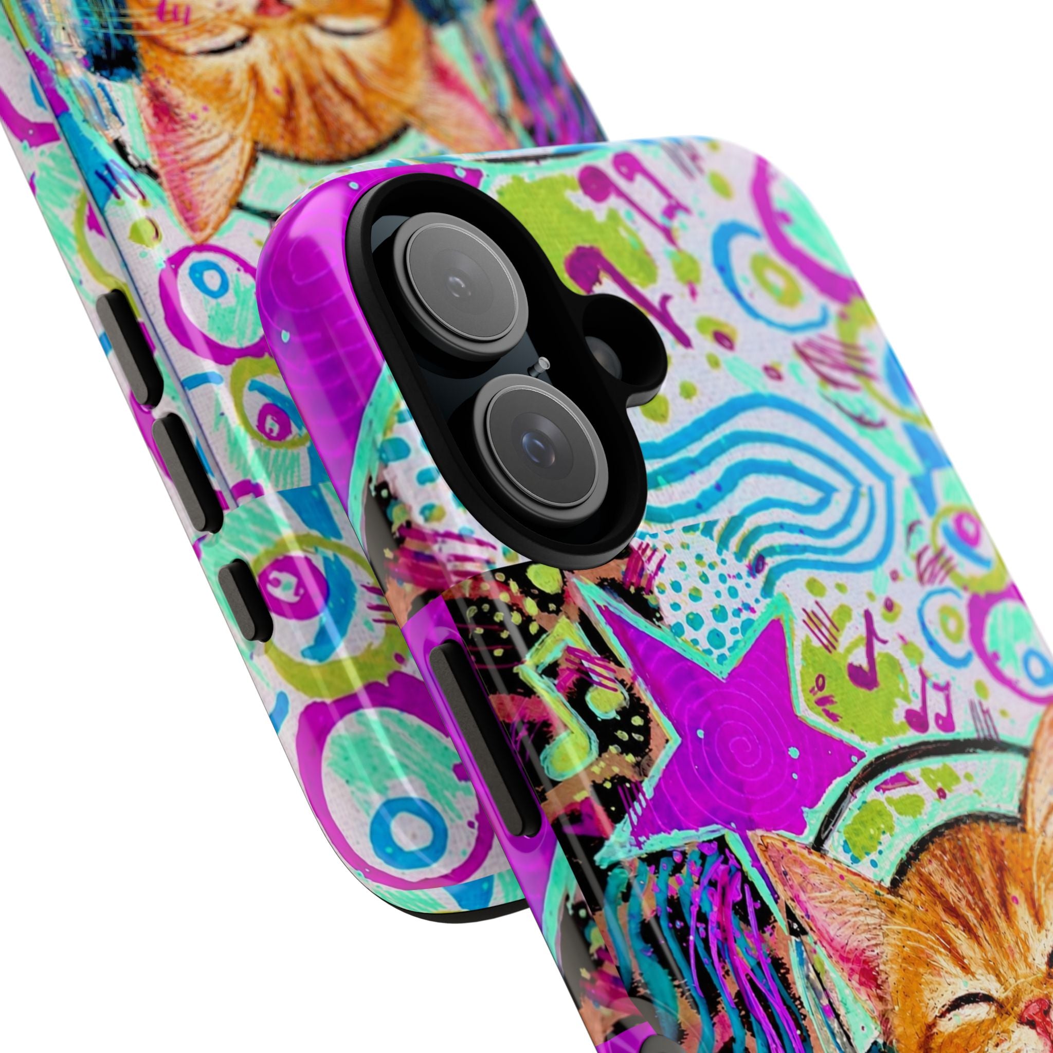 Cat with Headphones Phone Case — Colorful Retro Music Kitty Protective Cover