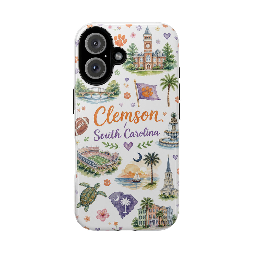 Phone Case — Clemson South Carolina Watercolor Landmarks Pattern