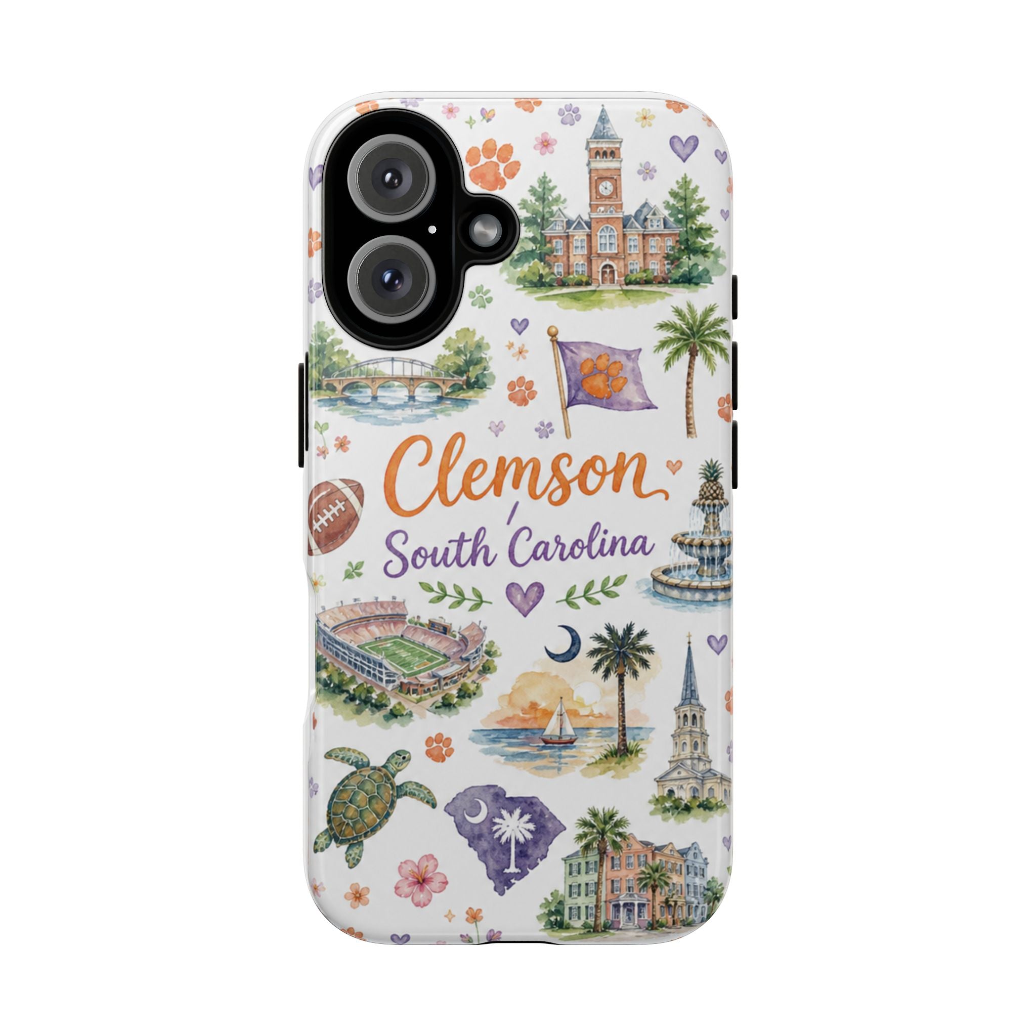 Phone Case — Clemson South Carolina Watercolor Landmarks Pattern