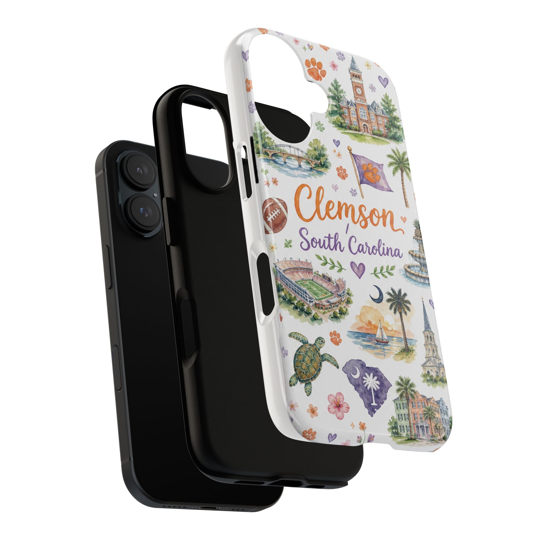 Phone Case — Clemson South Carolina Watercolor Landmarks Pattern