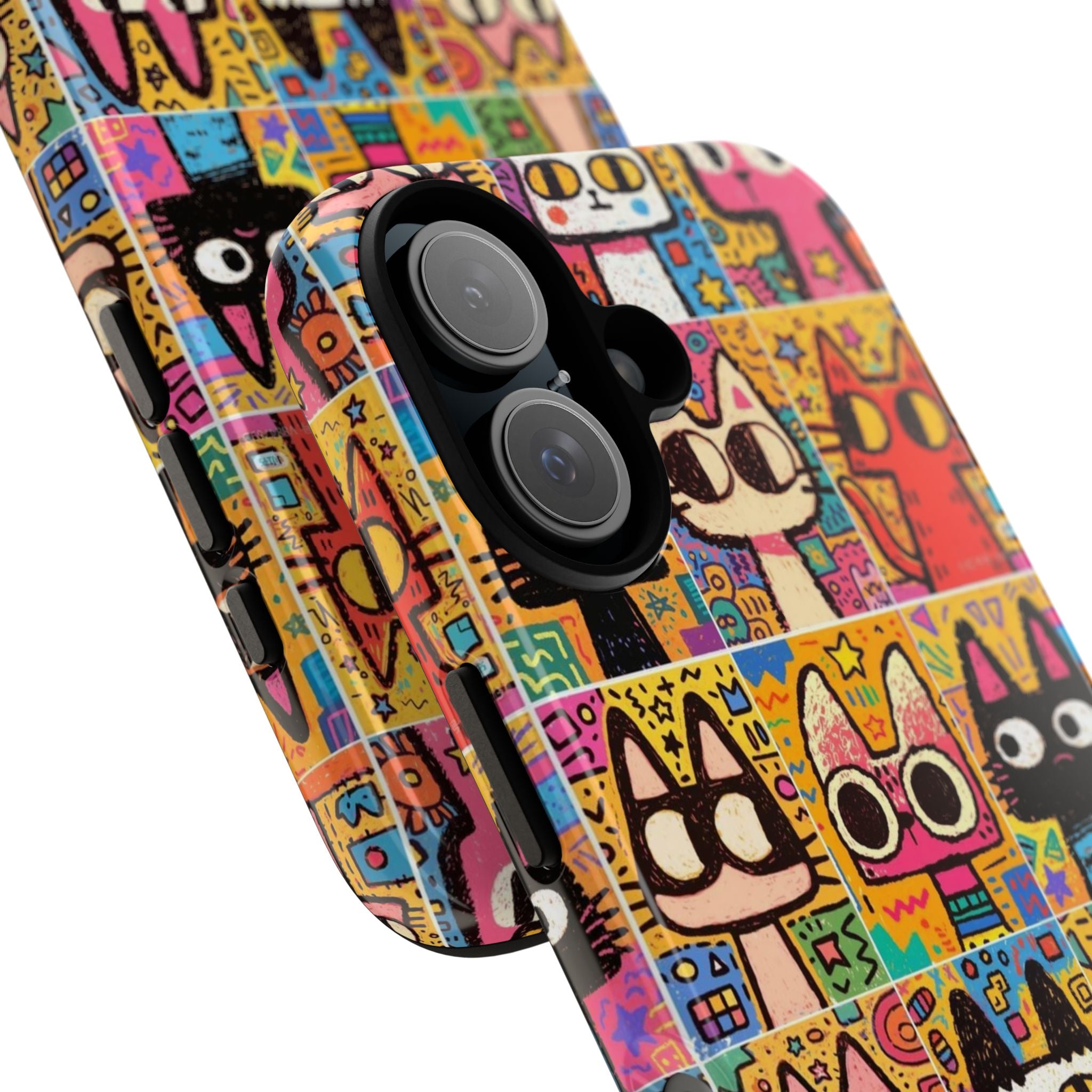 Cute Colorful Cat Phone Case – Cartoon Patchwork Kitty Tough Case