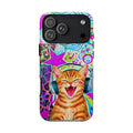 Cat with Headphones Phone Case — Colorful Retro Music Kitty Protective Cover