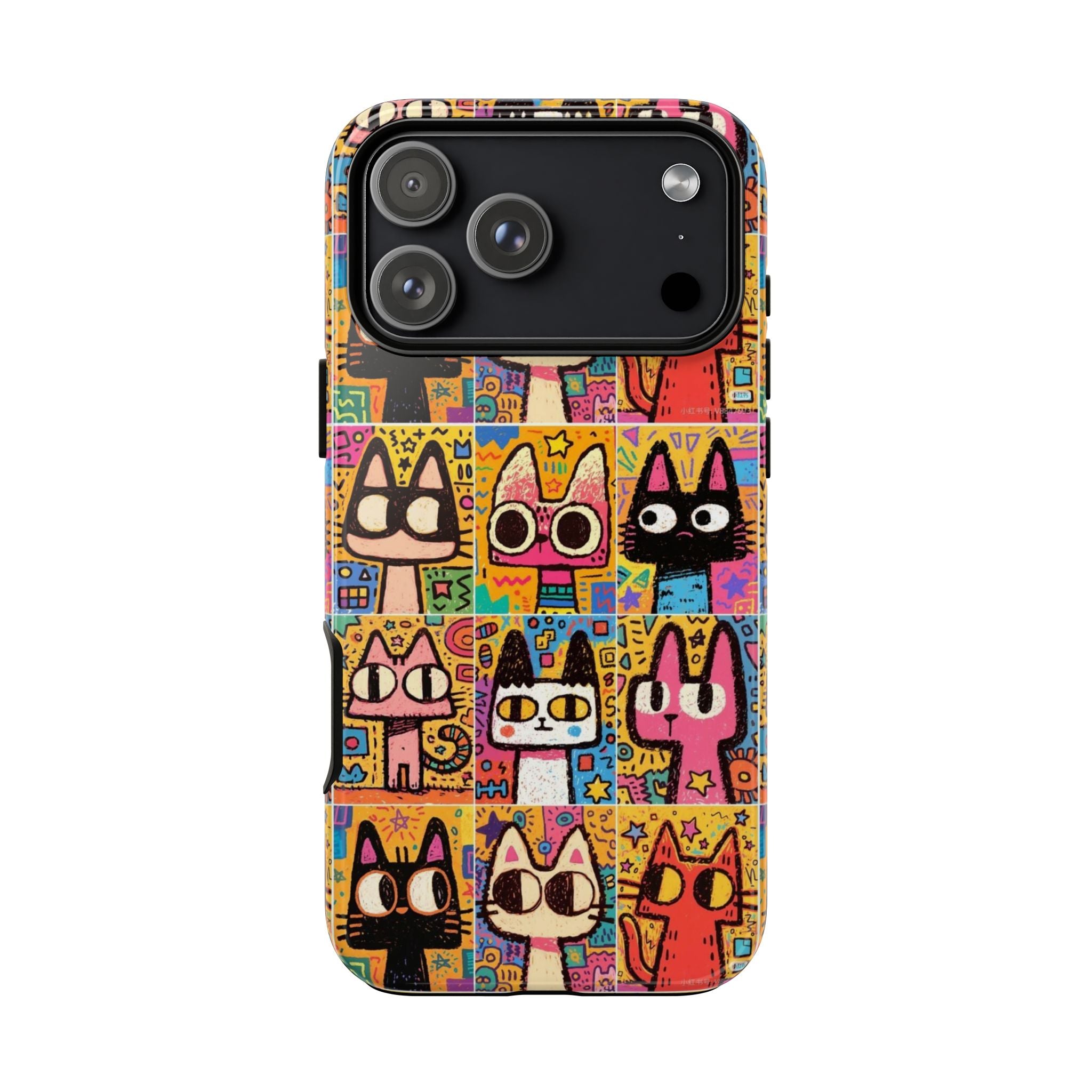 Cute Colorful Cat Phone Case – Cartoon Patchwork Kitty Tough Case