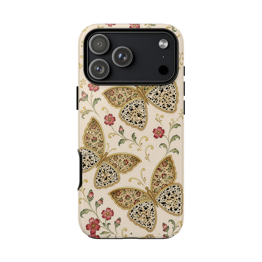 Butterfly Floral Tough Phone Case — Vintage Beige Protective Cover